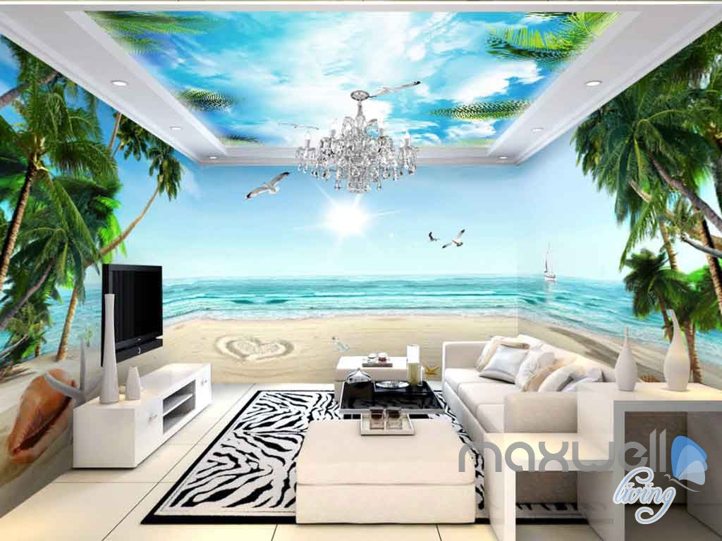 3D Tropical Palm Tree Beach Sunshine Entire Living Room Wallpaper Wall Murals Art IDCQW-000129