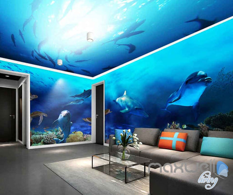 Image of 3D Fish Shoal Underwater Turtle Dophins Entire Room Wallpaper Wall Murals Art Prints IDCQW-000139