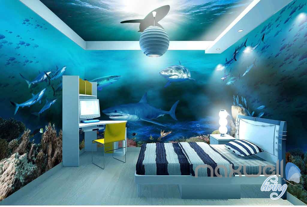3D Sharks Shadow Underwater Entire Room Wallpaper Wall Murals Art Prints IDCQW-000142