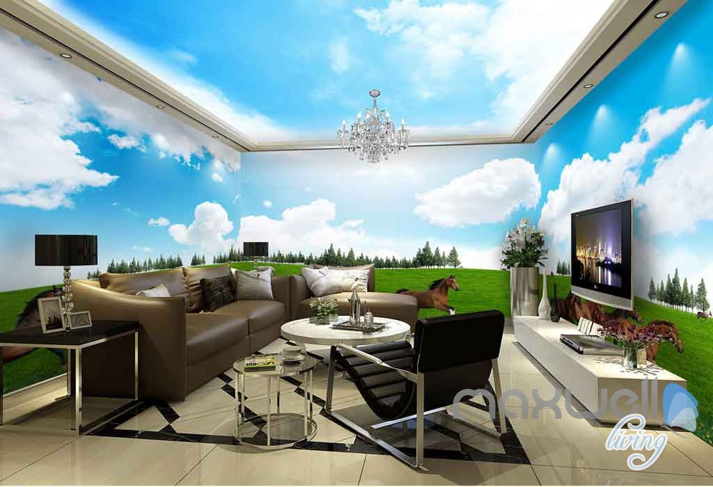 3D Running Hourses Grassland Entire Living Room Wallpaper Wall Murals Art IDCQW-000147