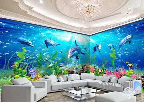 3D Dophins Playing Coral Entire Living Room Bathroom Wallpaper Wall Murals Art Prints IDCQW-000149