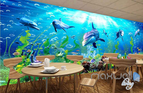 Image of 3D Dophins Playing Coral Entire Living Room Bathroom Wallpaper Wall Murals Art Prints IDCQW-000149