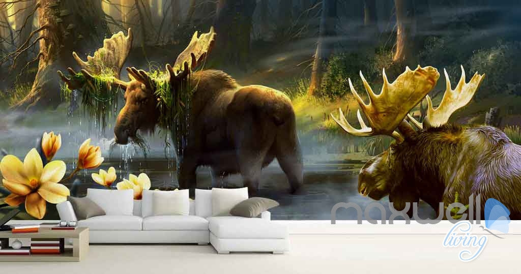 Forest Moose Flowers Entire Living Room Wallpaper Wall Murals Art Prints IDCQW-000151
