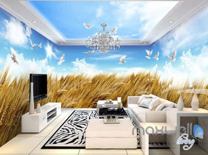 3D Wheat Fields Blue Sky Birds Entire Room Wallpaper Wall Murals Art Prints IDCQW-000154