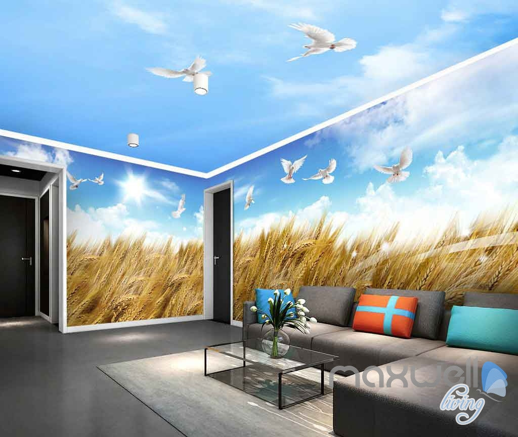 3D Wheat Fields Blue Sky Birds Entire Room Wallpaper Wall Murals Art Prints IDCQW-000154