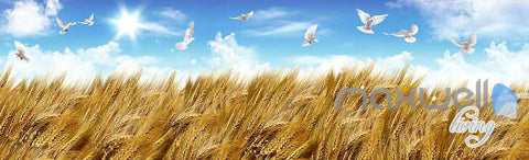 Image of 3D Wheat Fields Blue Sky Birds Entire Room Wallpaper Wall Murals Art Prints IDCQW-000154