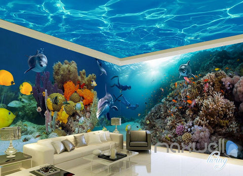 Image of 3D Coral Dophin Colorful Fish Entire Room Wallpaper Wall Mural Art Prints IDCQW-000159