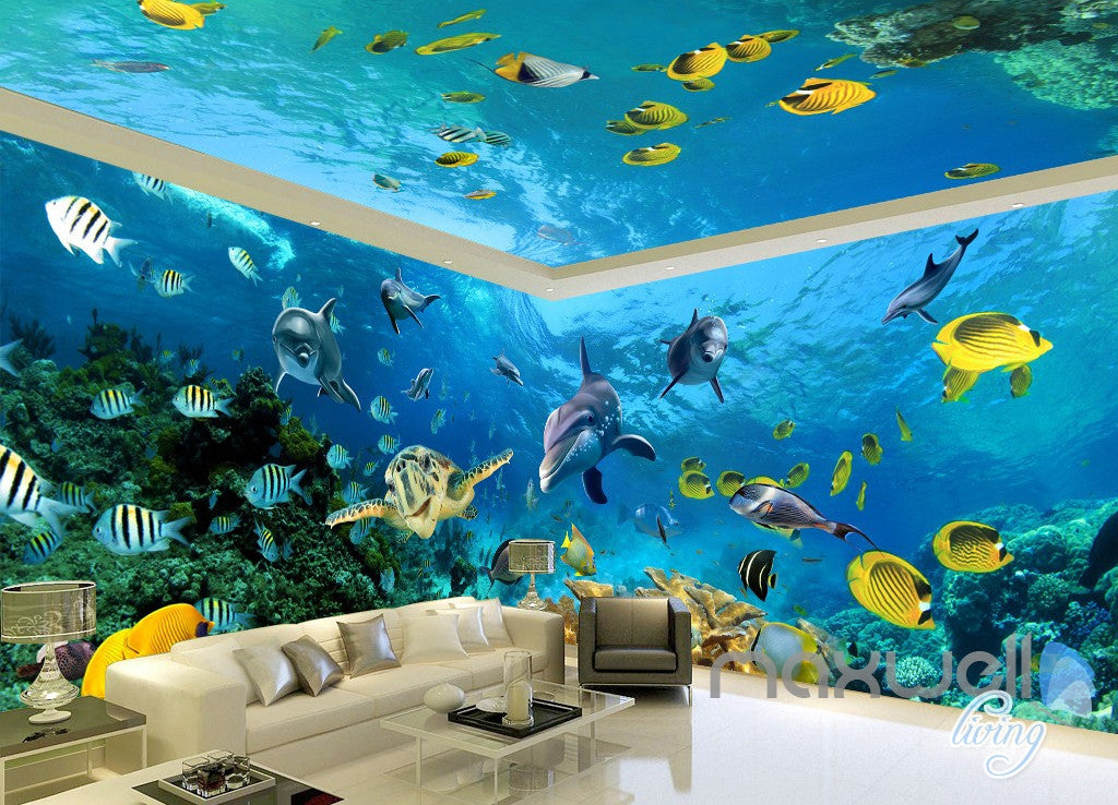 3D Turtle Dophin Tropical Fish Entire Room Wallpaper Wall Mural Art Prints IDCQW-000160