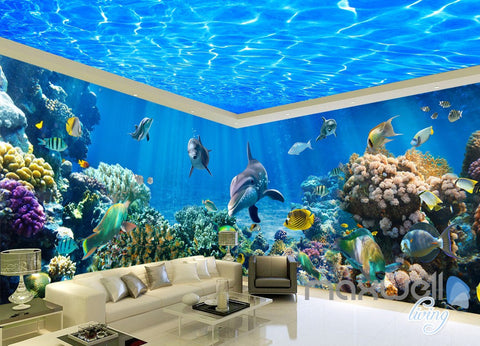 3D Dophins Coral Clear Ceiling Water Entire Room Wallpaper Wall Mural Art IDCQW-000161