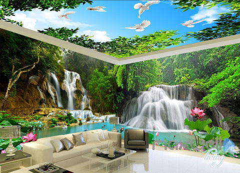 Image of 3D Mountain Waterfall Lilypad Lotus Entire Room wallpaper Wall Mural Art Prints IDCQW-000162