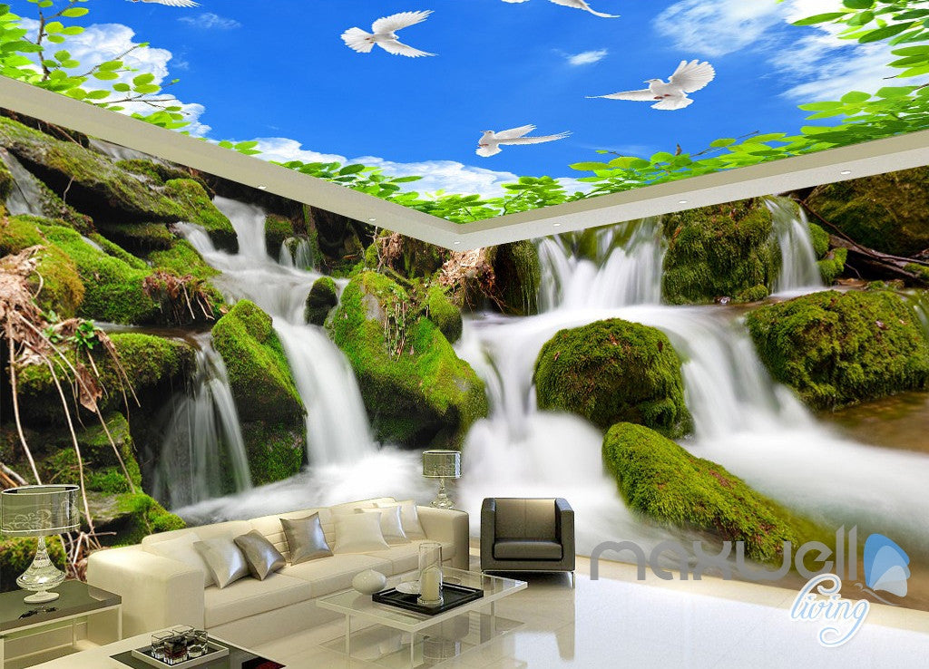 3D Long Waterfall Blue Sky Bird Ceiling Entire Room Wallpaper Wall Mural Art IDCQW-000163