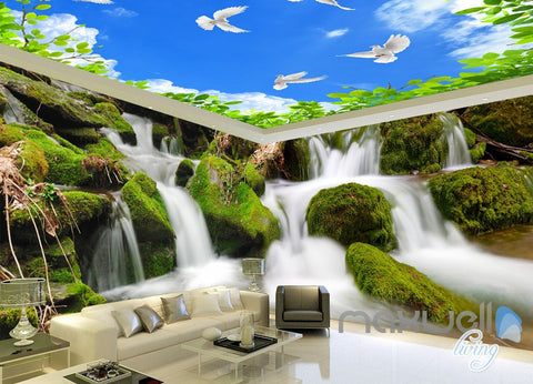 Image of 3D Long Waterfall Blue Sky Bird Ceiling Entire Room Wallpaper Wall Mural Art IDCQW-000163