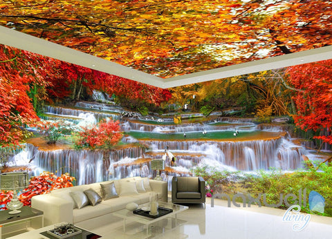 Image of 3D Red Forest Waterfall Entire Room Wallpaper Wall Mural Art Prints IDCQW-000166