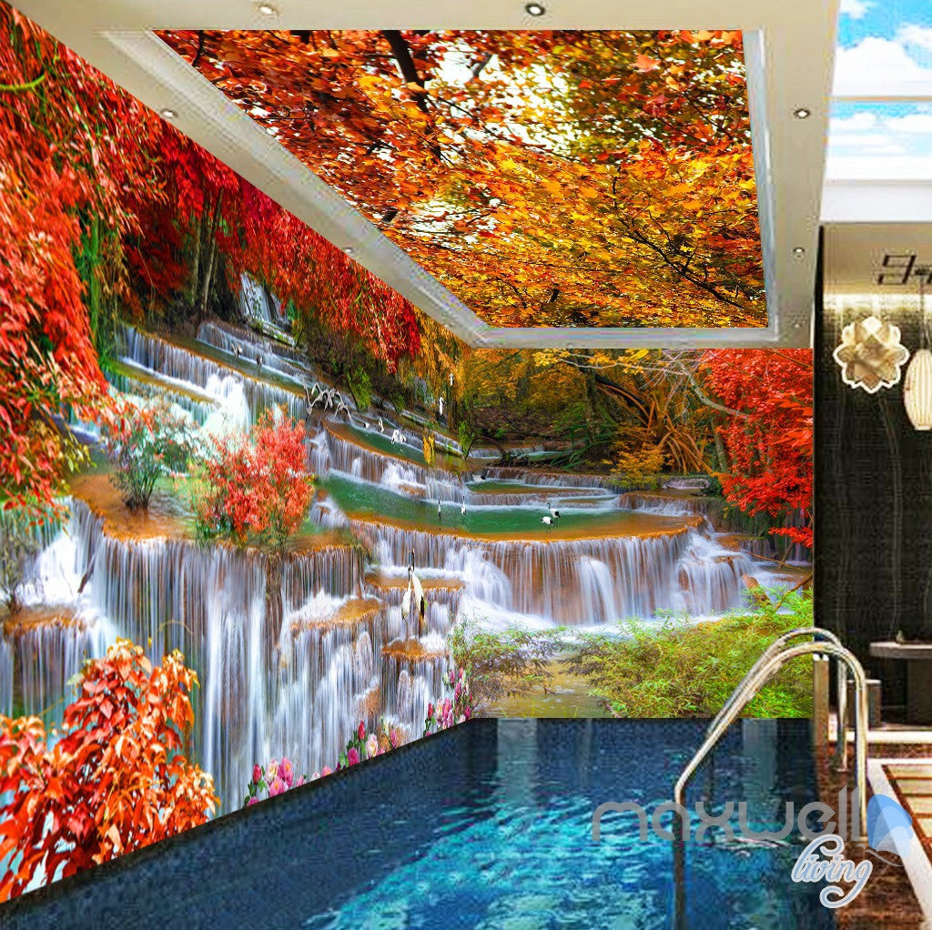 3D Red Forest Waterfall Entire Room Wallpaper Wall Mural Art Prints IDCQW-000166