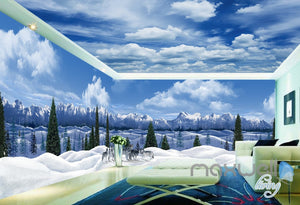 3D Snow Mountain Wolf Sky Clouds Ceiling Entire Room Wallpaper Wall Mural IDCQW-000170