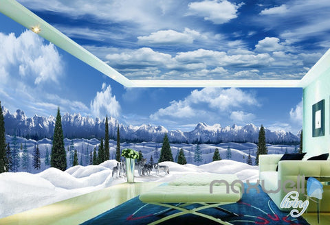 Image of 3D Snow Mountain Wolf Sky Clouds Ceiling Entire Room Wallpaper Wall Mural IDCQW-000170