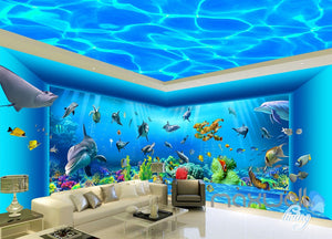 3D Auquarium View Ray Fish Entire Room Wallpaper Wall Mural Art Prints IDCQW-000171