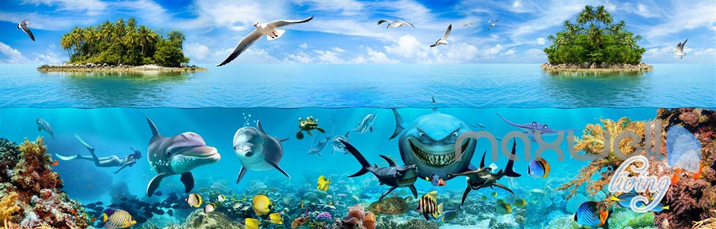 3D Island Underwater Coral Sharks Entire Room Wallpaper Wall Mural Art IDCQW-000172