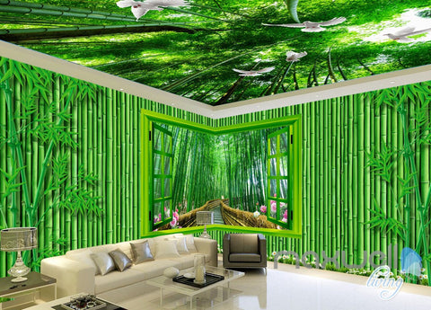 Image of 3D Bamboo House Froest Window View Entire Living Room Wallpaper Wall Mural Art IDCQW-000174