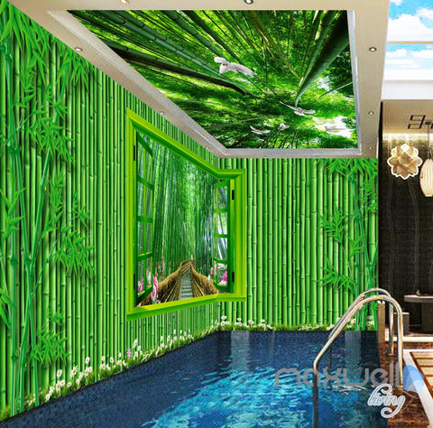 Image of 3D Bamboo House Froest Window View Entire Living Room Wallpaper Wall Mural Art IDCQW-000174