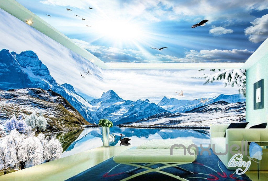 3D Snow Mountain Swan Lake Sky Clouds Ceiling Entire Room Wallpaper Wall Mural IDCQW-000175