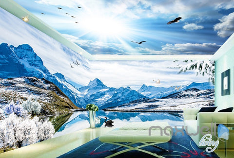 Image of 3D Snow Mountain Swan Lake Sky Clouds Ceiling Entire Room Wallpaper Wall Mural IDCQW-000175