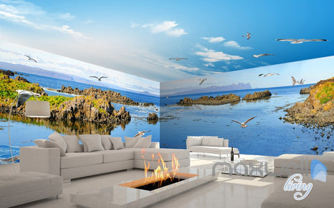 Image of 3D Dophin Bay Water View Birds Entire Living Room Wallpaper Wall Mural Art IDCQW-000176