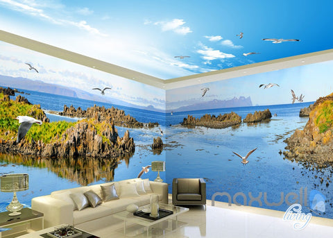 Image of 3D Dophin Bay Water View Birds Entire Living Room Wallpaper Wall Mural Art IDCQW-000176