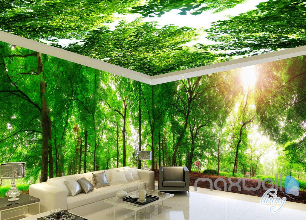 3D Green Sunshine Forest Deer Entire Living Room Wallpaper Wall Mural Art Prints  IDCQW-000178