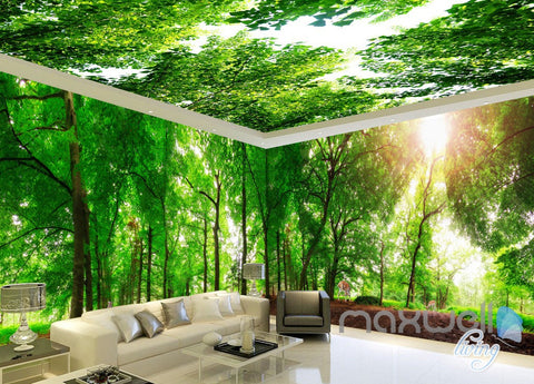 Image of 3D Green Sunshine Forest Deer Entire Living Room Wallpaper Wall Mural Art Prints  IDCQW-000178