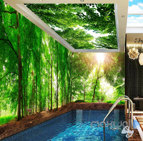 Image of 3D Green Sunshine Forest Deer Entire Living Room Wallpaper Wall Mural Art Prints  IDCQW-000178
