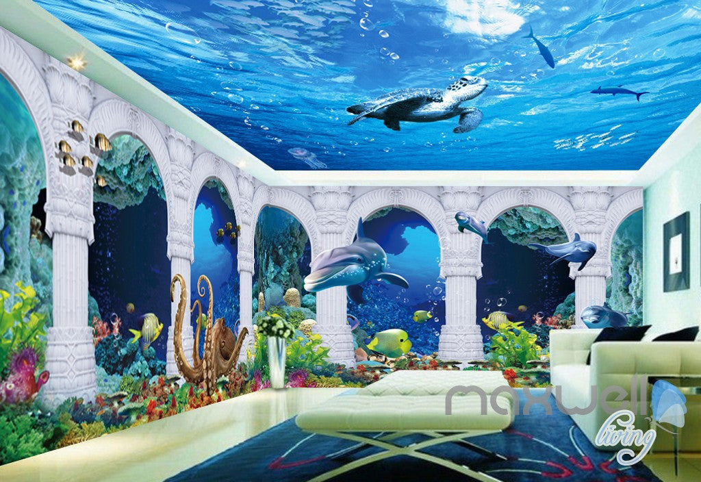 3D Turtle Fish Octopus Arch Entire Living Room Wallpaper Wall Mural Art Prints IDCQW-000179