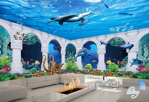 Image of 3D Turtle Fish Octopus Arch Entire Living Room Wallpaper Wall Mural Art Prints IDCQW-000179