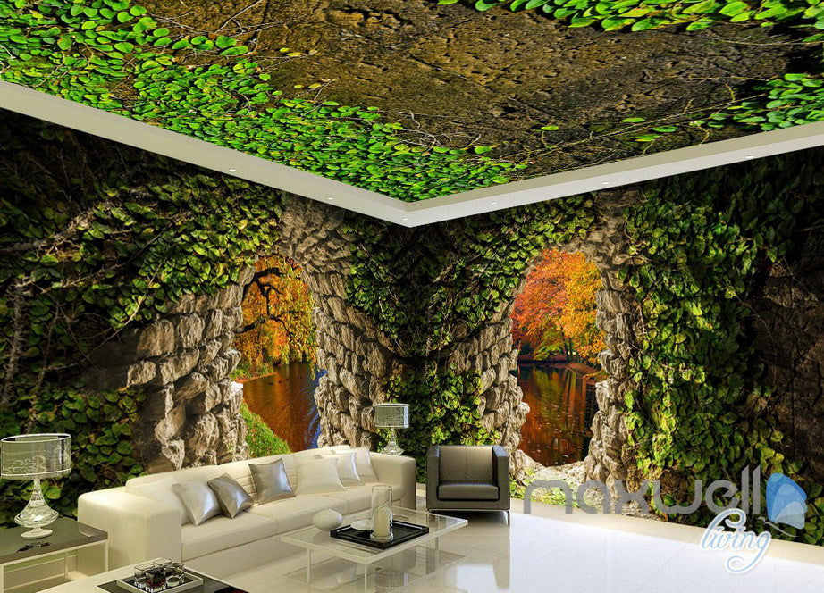 3D Cave Hole Vine Lake View Entire Living Room Wallpaper Wall Mural Art Prints IDCQW-000180