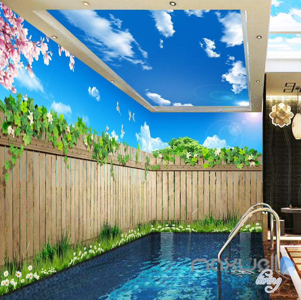 3D Garden Fence Flower Sunshine Sky Ceiling Entire Living Room Wallpaper Wall Mural IDCQW-000183