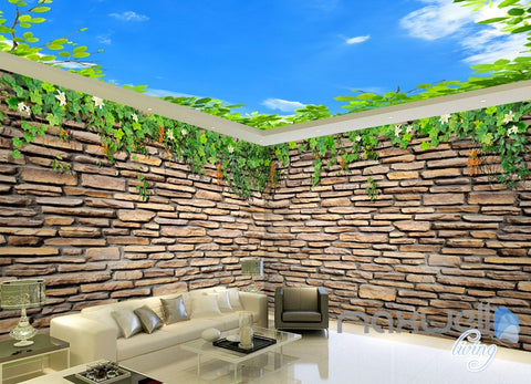 Image of 3D Vine Brick Wall Green Leaf Ceiling Entire Living Room Wallpaper Mural Decor Art IDCQW-000184