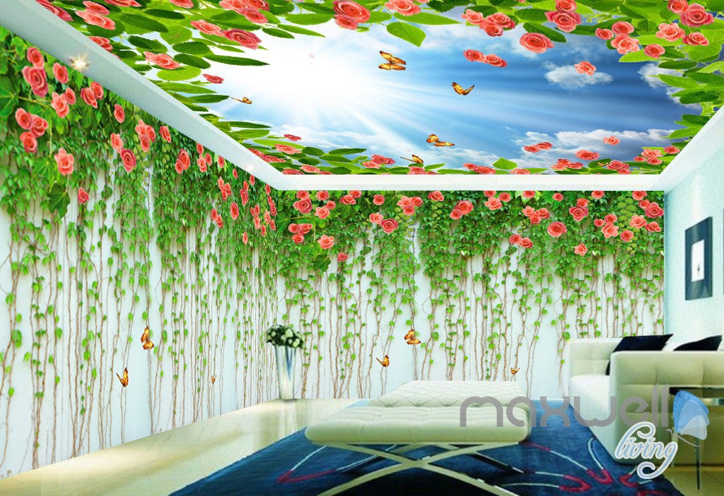 3D Rose Butterfly Vine Sunshine Ceiling Entire Living Room Wallpaper Wall Mural Art IDCQW-000186