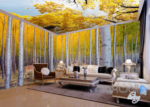 Image of 3D Yellow Poplar Forest Entire Living Room Wallpaper Wall Mural Art Decor Prints  IDCQW-000190