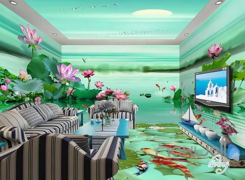 Image of 3D Lotus Pond Fish Lake View Entire Living Room Wallpaper Wall Mural Art Decor IDCQW-000191