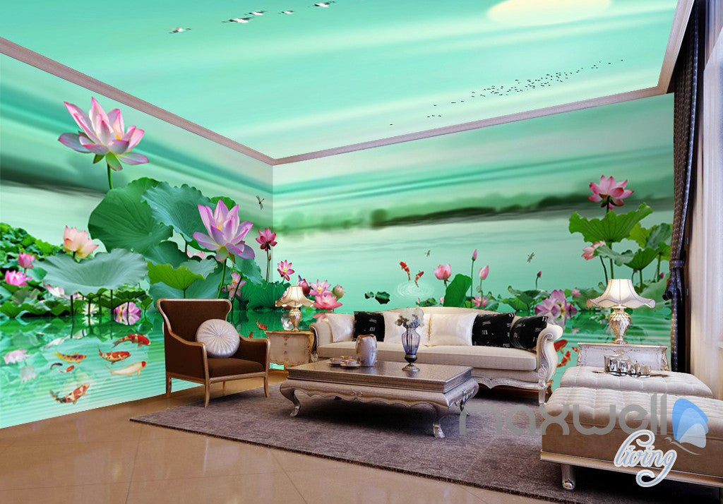 3D Lotus Pond Fish Lake View Entire Living Room Wallpaper Wall Mural Art Decor IDCQW-000191