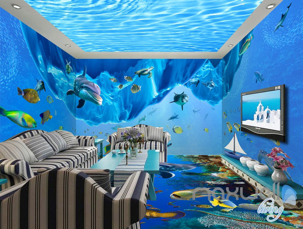 3D Dophin Fish Shoal Undersea Entire Living Room Wallpaper Wall Mural Art Decor Prints IDCQW-000194