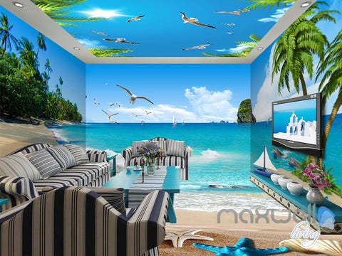 Image of 3D Beach Starfish Sea Bird Palm Entire Living Room Wallpaper Wall Mural Art Decor IDCQW-000195