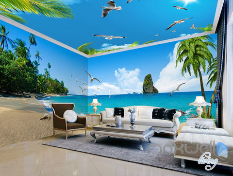 Image of 3D Beach Starfish Sea Bird Palm Entire Living Room Wallpaper Wall Mural Art Decor IDCQW-000195