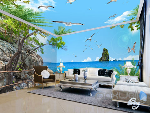 Image of 3D Tree Sea Cliff Dophin Play Entire Living Room Wallpaper Wall Mural Art Decor  IDCQW-000196