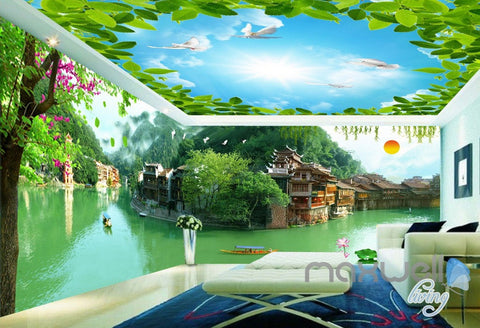 Image of 3D Tradional Chinese Building Lake View Entire Room Wallpaper Wall Mural Art Decor IDCQW-000201