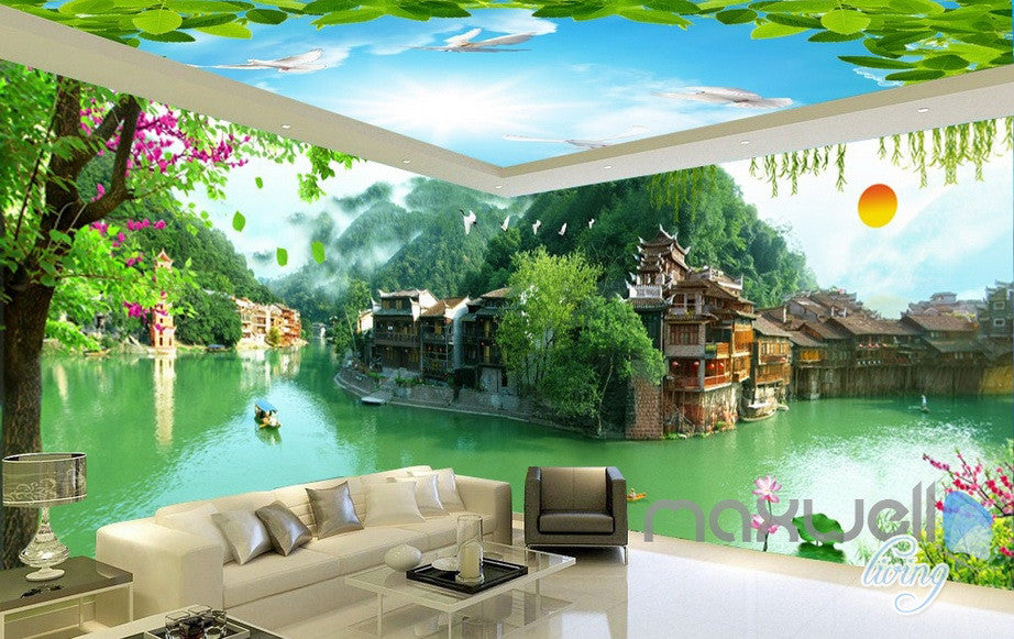 3D Tradional Chinese Building Lake View Entire Room Wallpaper Wall Mural Art Decor IDCQW-000201