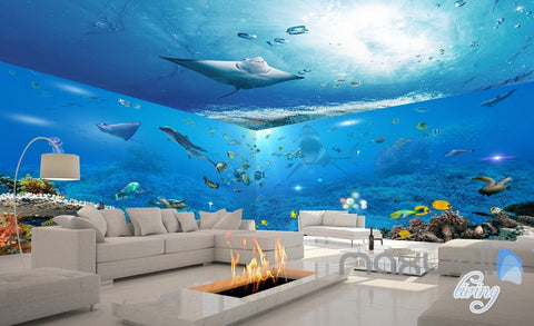 Image of 3D Underwater View Ray Fish Entire Room Bathroom Wallpaper Wall Mural Art Decor Prints IDCQW-000203