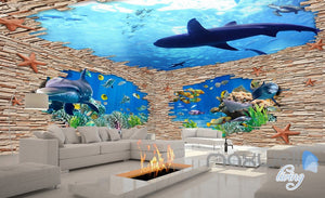 3D Rock Brick Hole Dophin Fish Entire Room Bathroom Wallpaper Wall Mural Art Decor IDCQW-000204
