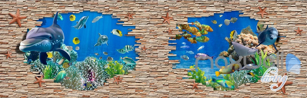 3D Rock Brick Hole Dophin Fish Entire Room Bathroom Wallpaper Wall Mural Art Decor IDCQW-000204