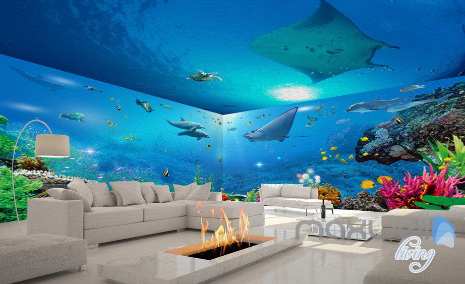 3D Ray Coral Reef Fish Entire Room Bathroom Wallpaper Wall Mural Art Decor Prints IDCQW-000205